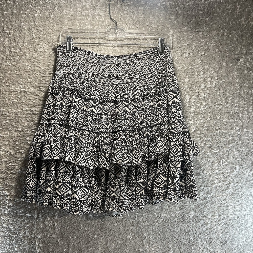Lauren Ralph Lauren Tiered Smocked Ruffle Skirt 10 Black White Preppy Bohemian